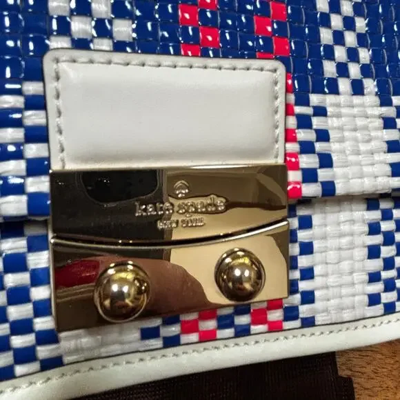 Kate spade clutch purse with dustbag blue white pink woven plaid front flap chic